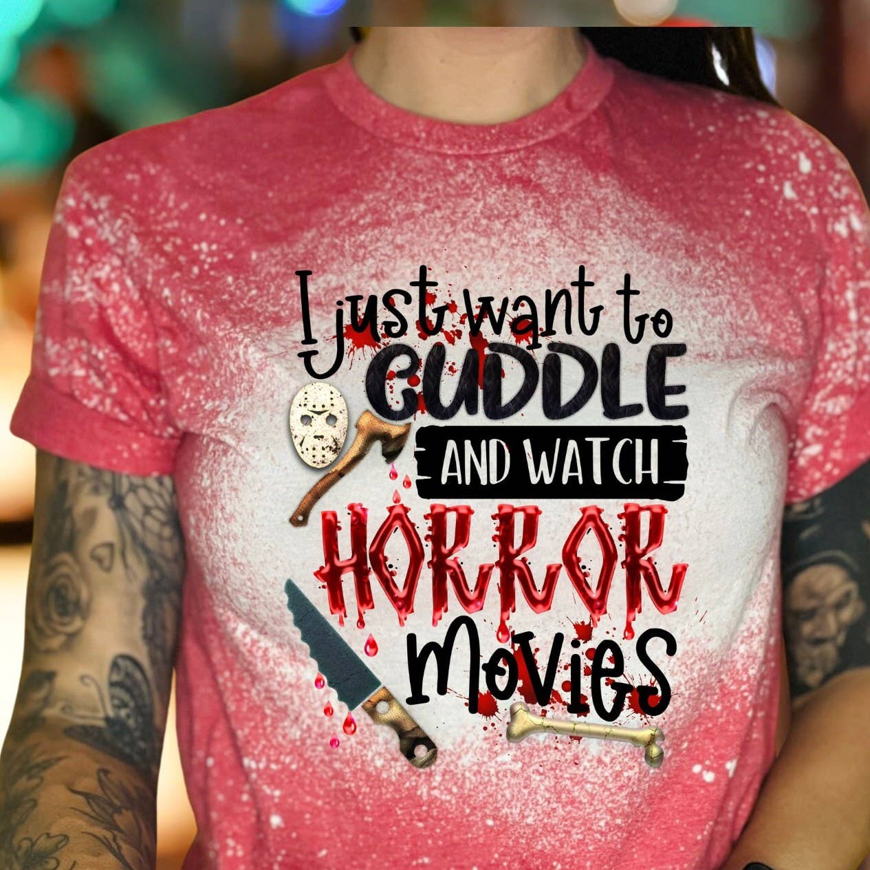 Cuddle & Watch Horror Movies Bleached Halloween Shirt