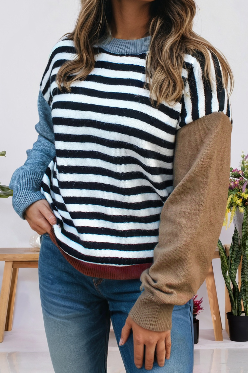 Striped Panels Colorblock Sleeve Chic Sweater (S-Xl)