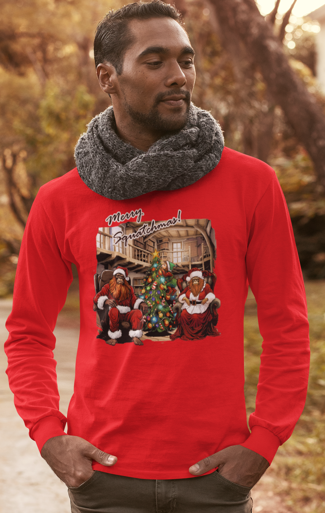 Merry Squatchmas Long Sleeve Christmas T-Shirt (Red)