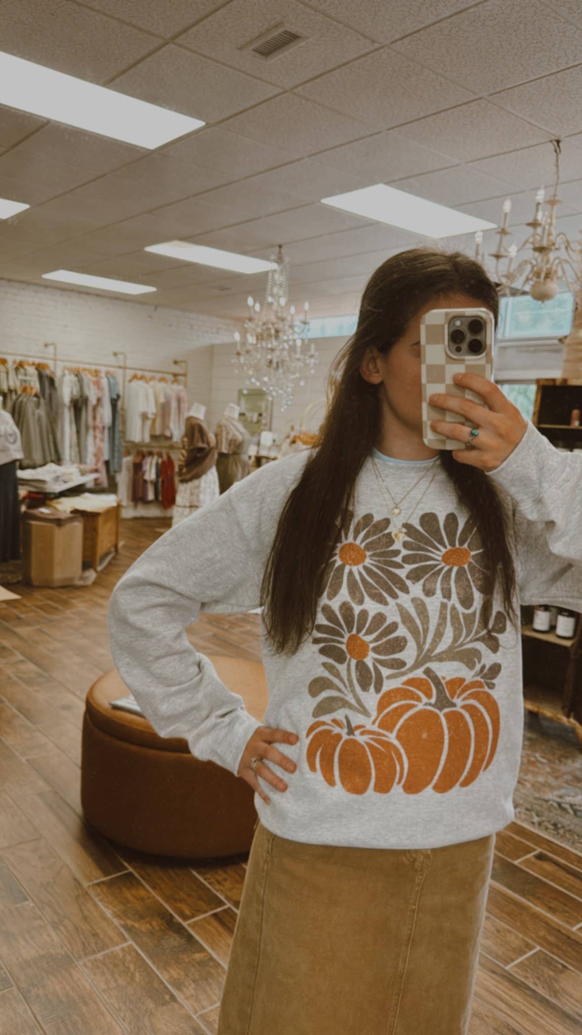 Retro Pumpkins and Flowers Fall Womens Graphic Sweatshirt