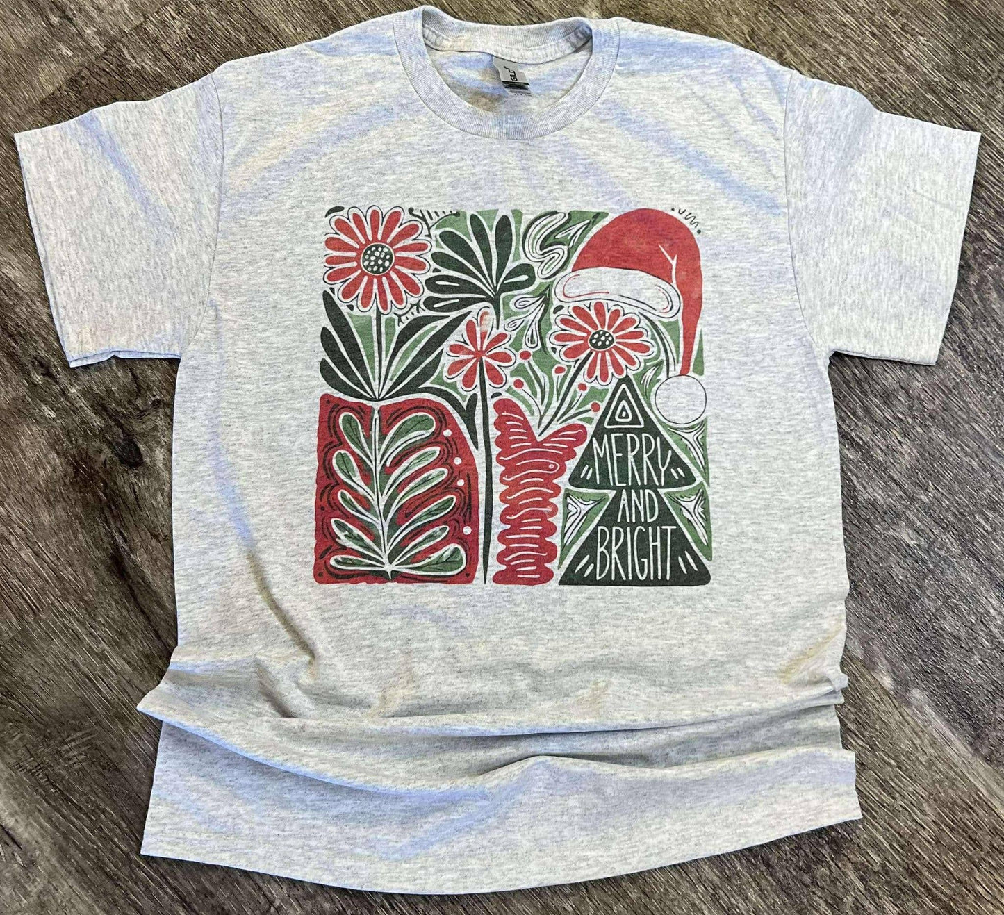 Merry and Bright Santa Hat Floral On Ash Gray Tee