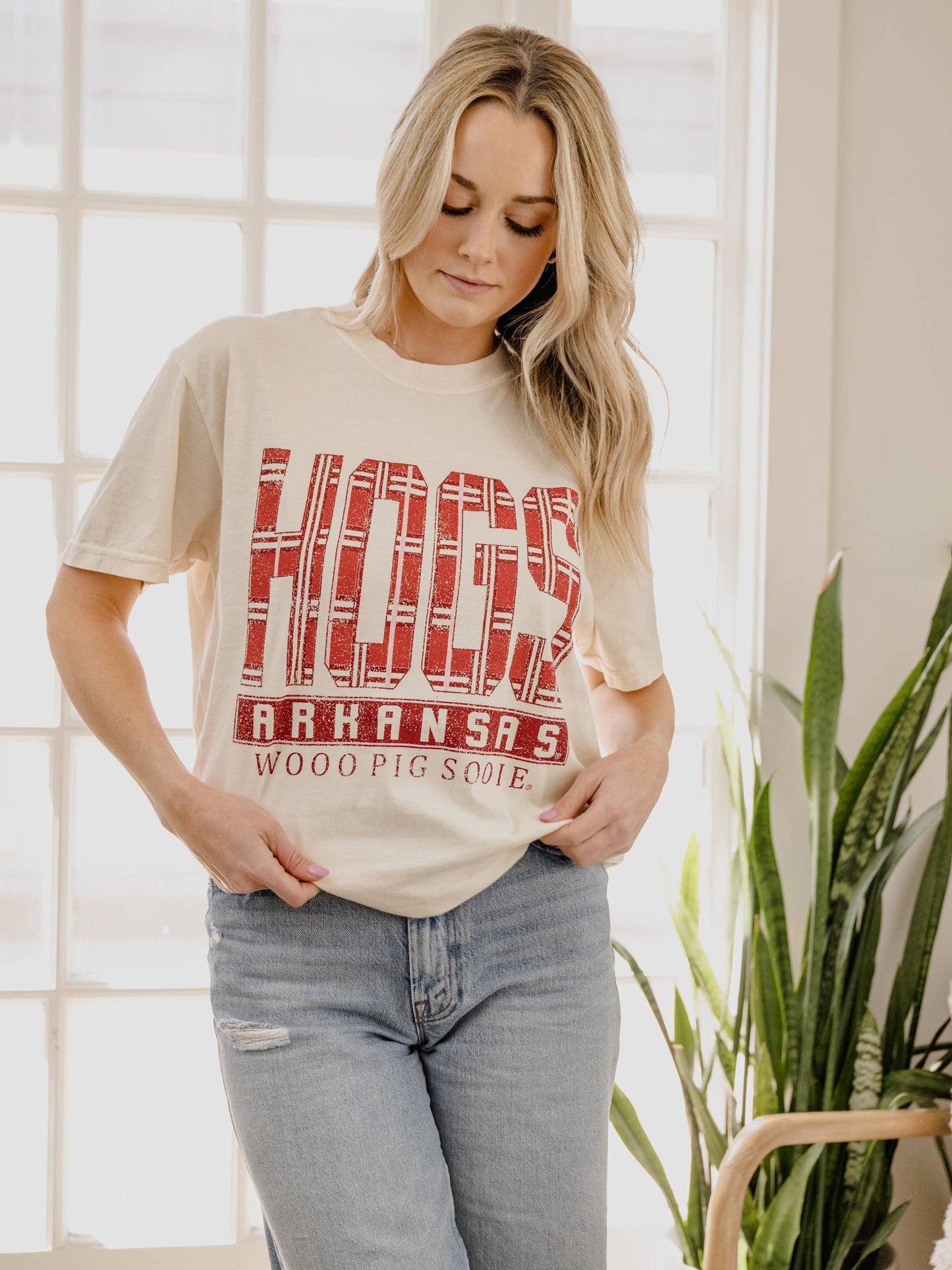 Arkansas Razorbacks Preppy Plaid Ivory Comfort Colors Tee