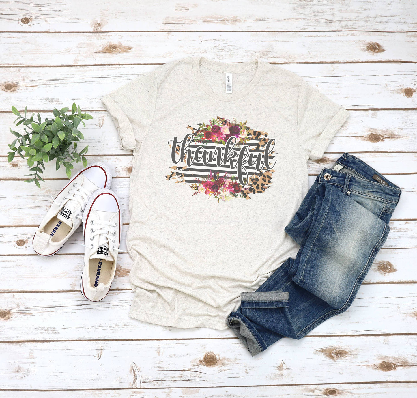 Thankful Stripe Floral Tee | Christian Tshirt