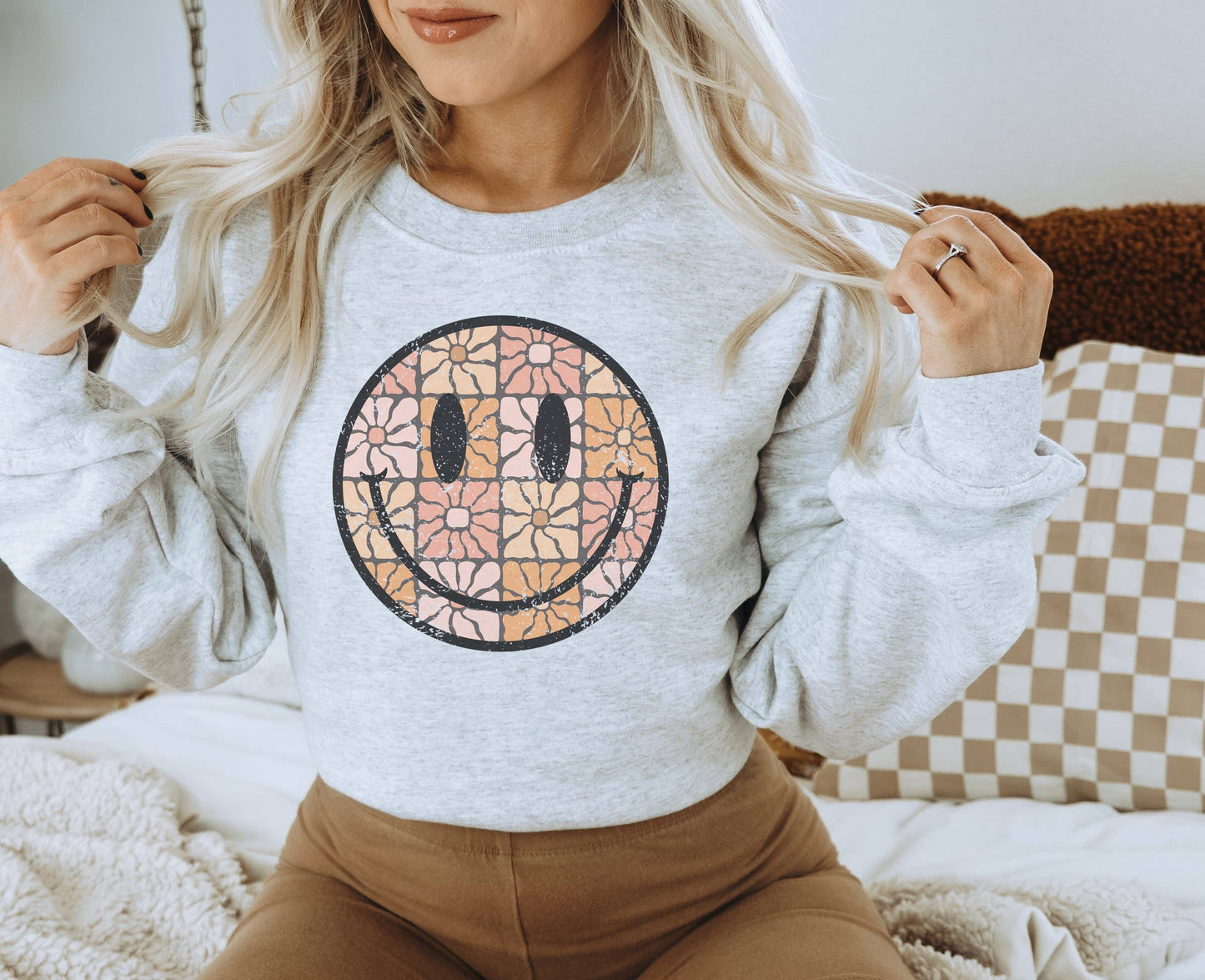 Groovy Floral Happy Face Crew Neck Sweatshirt