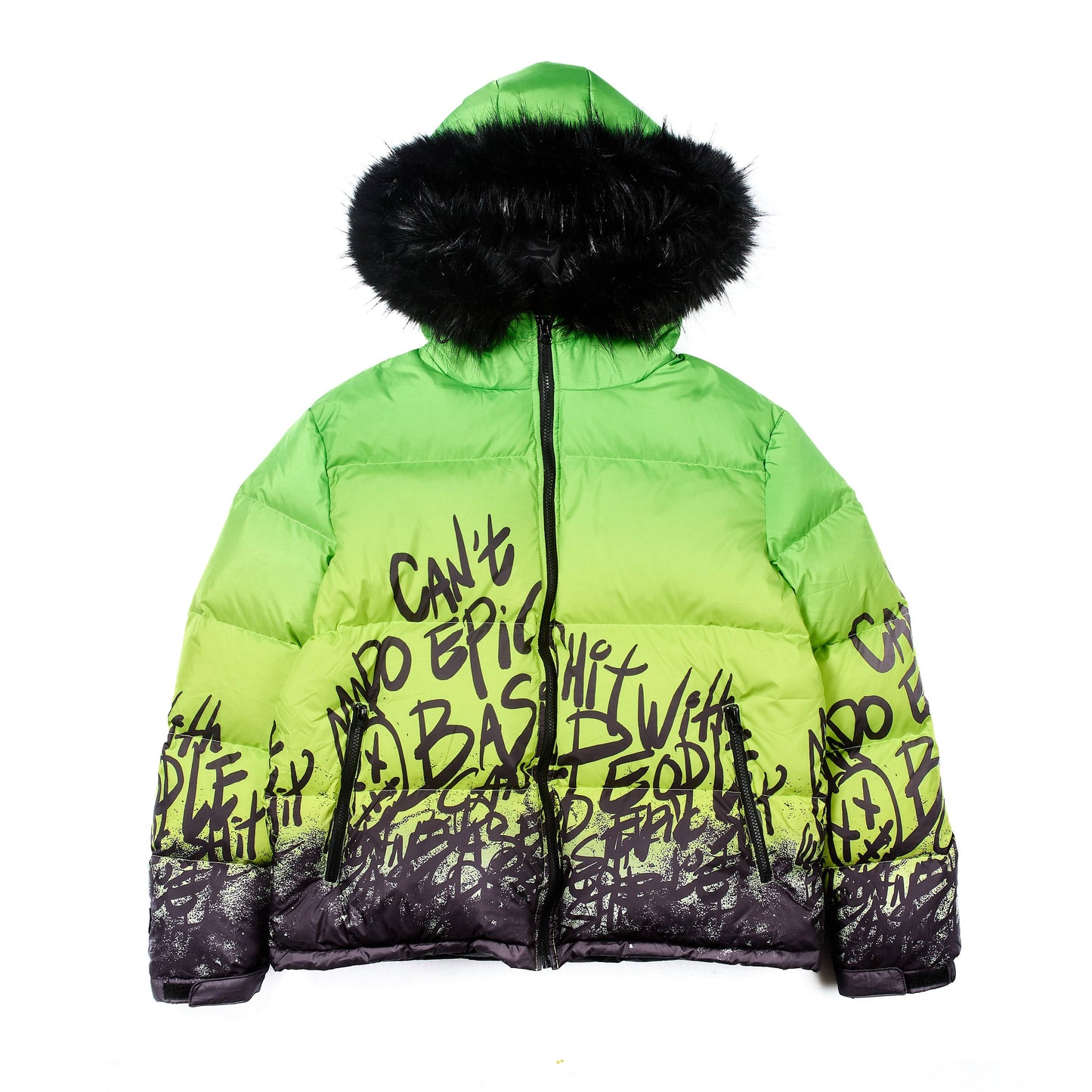Puffer Jacket with Fur Hood in Neon Yellow