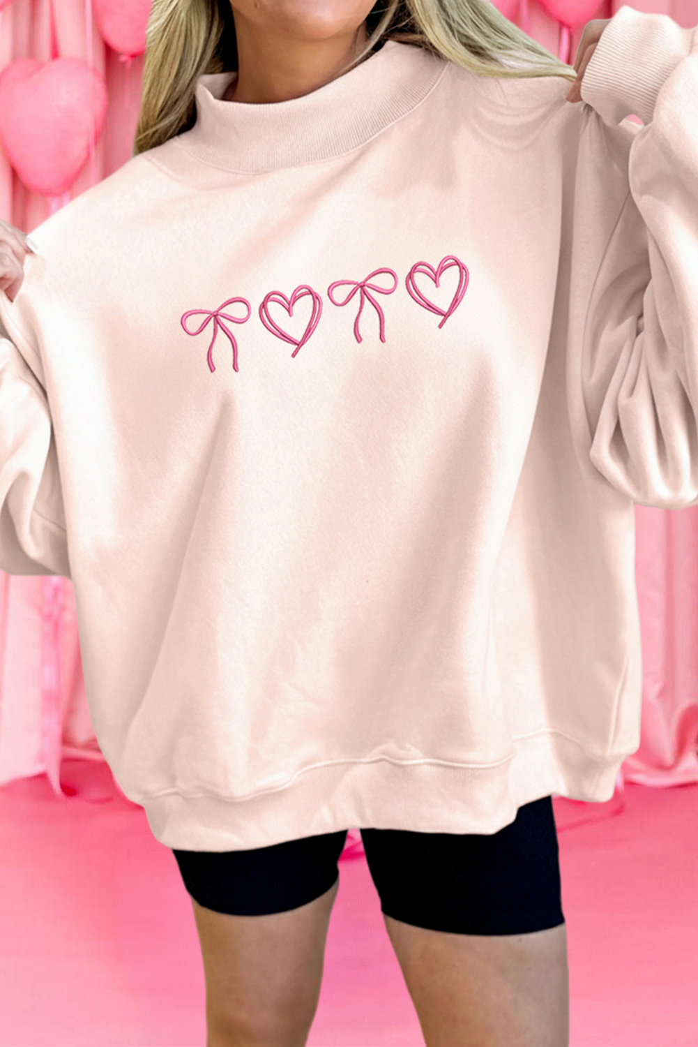 Valentines Bow Heart Embroidered Mock Neck Sweatshirt (S-Xl)