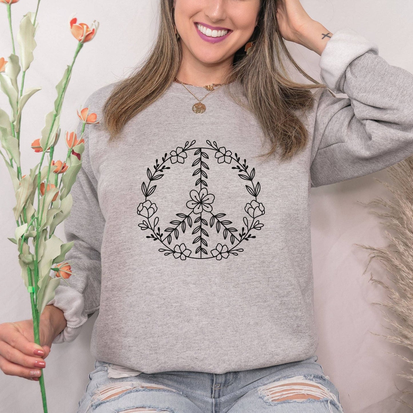 Botanical Peace Sign Crewneck Sweatshirt Hoodie 238