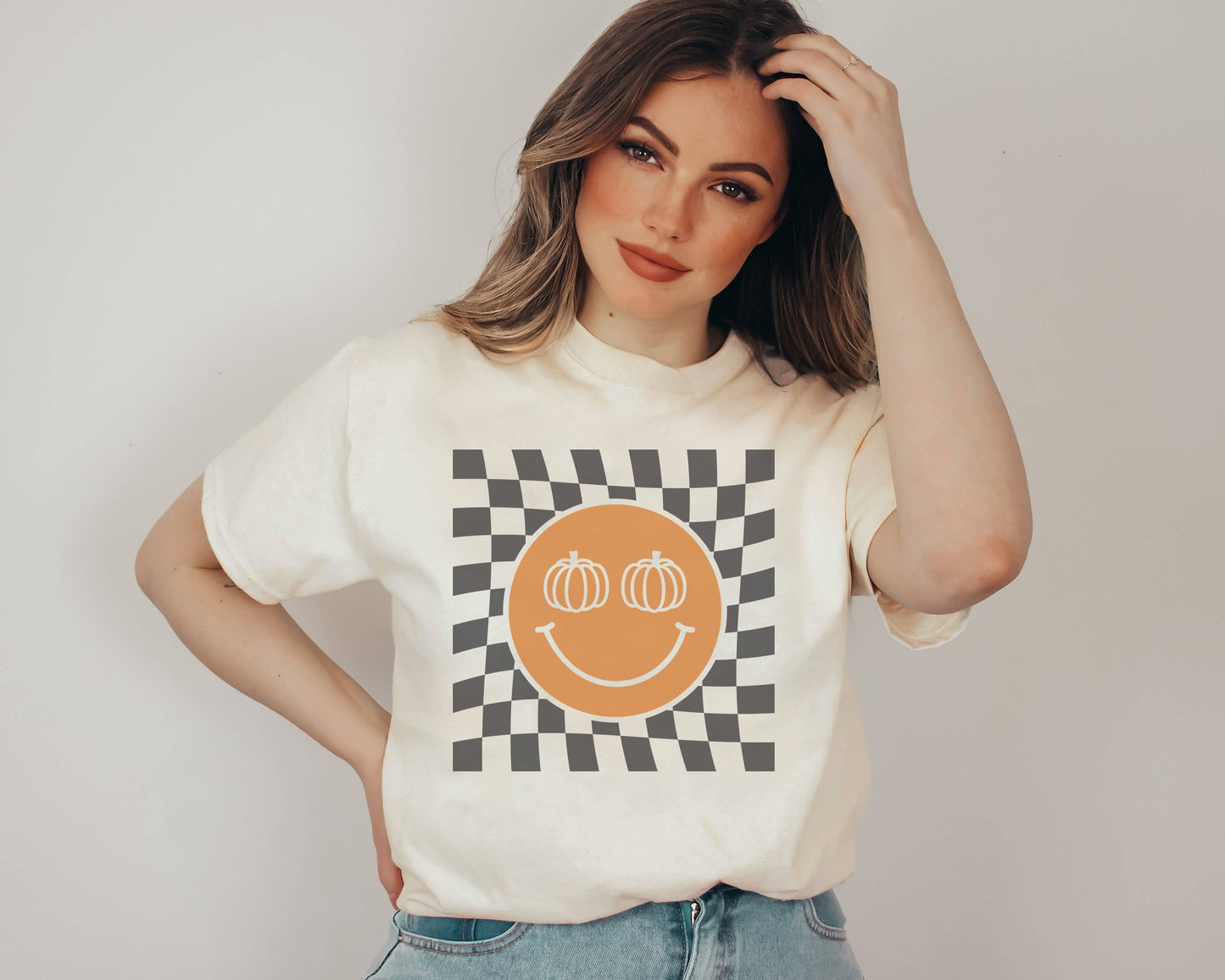 Checker Pumpkin Happy Face Graphic Tee
