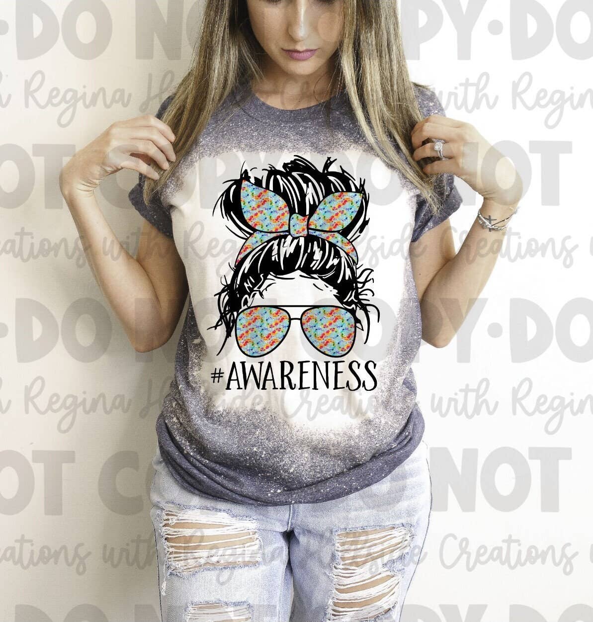 Bleached Tee Autism Awareness - Messy Bun For April