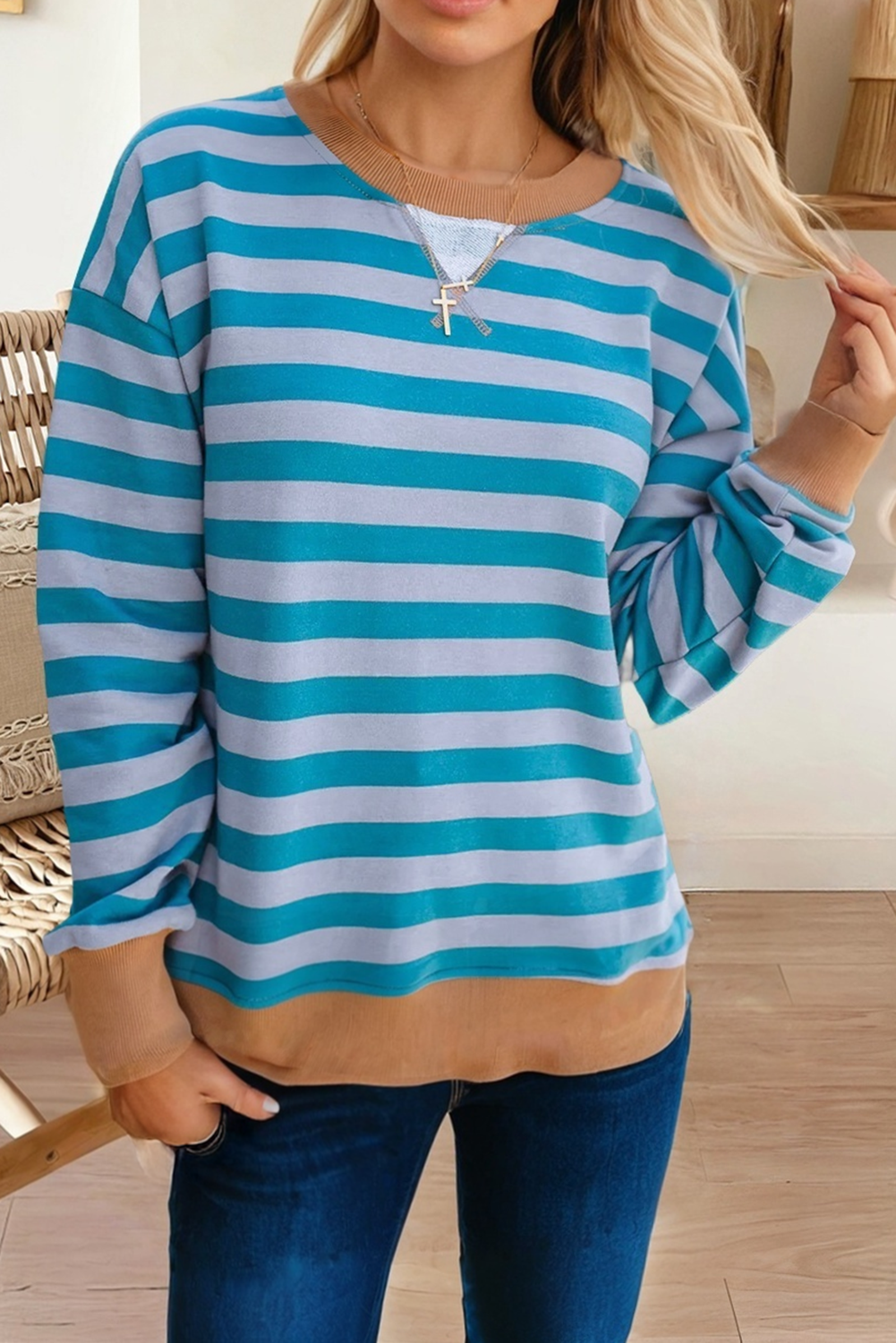 Stripe Ribbed Round Neck Drop Shoulder Sweatshirt (S-Xl)