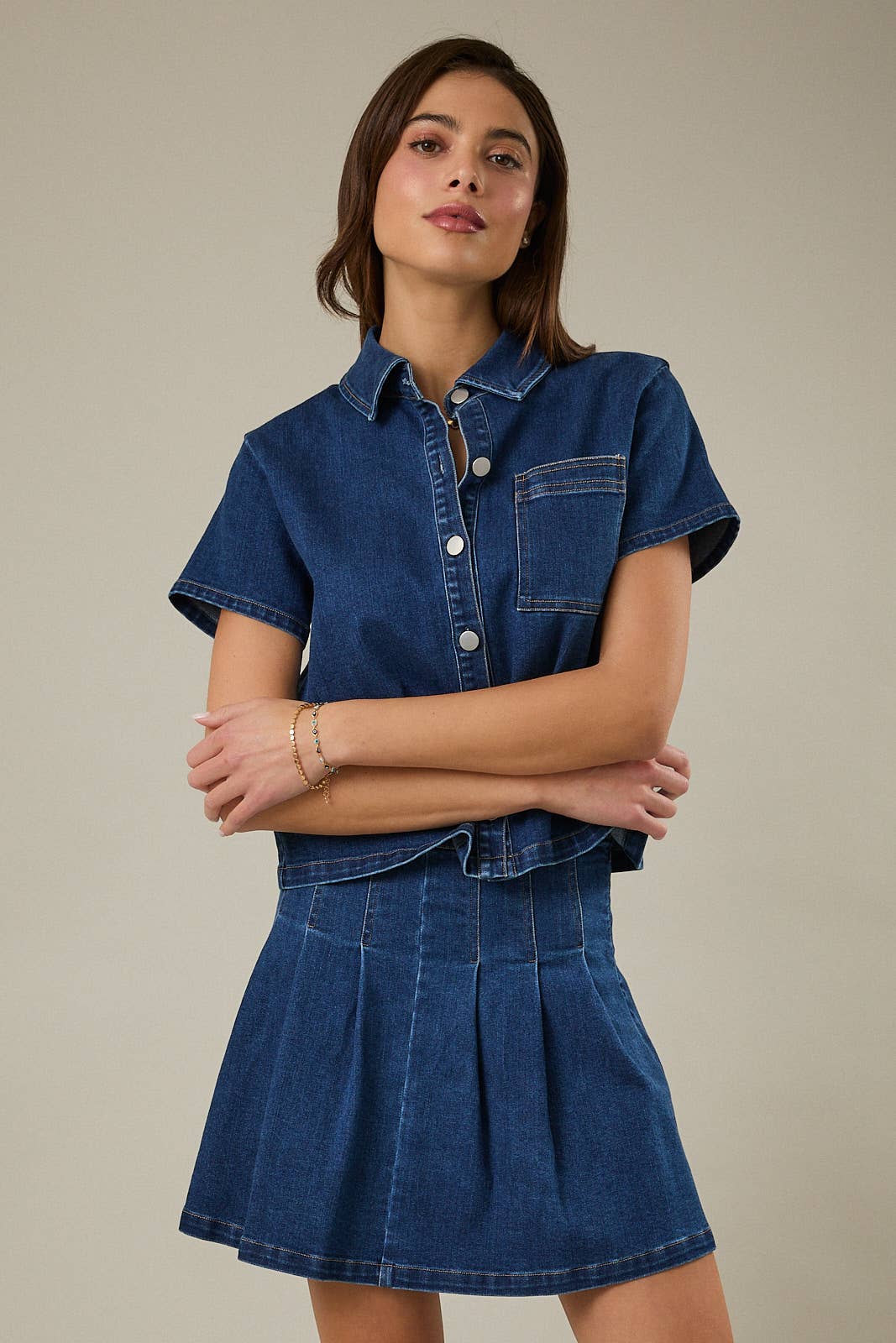 Denim Short Sleeve Cropped Button Down Shirt