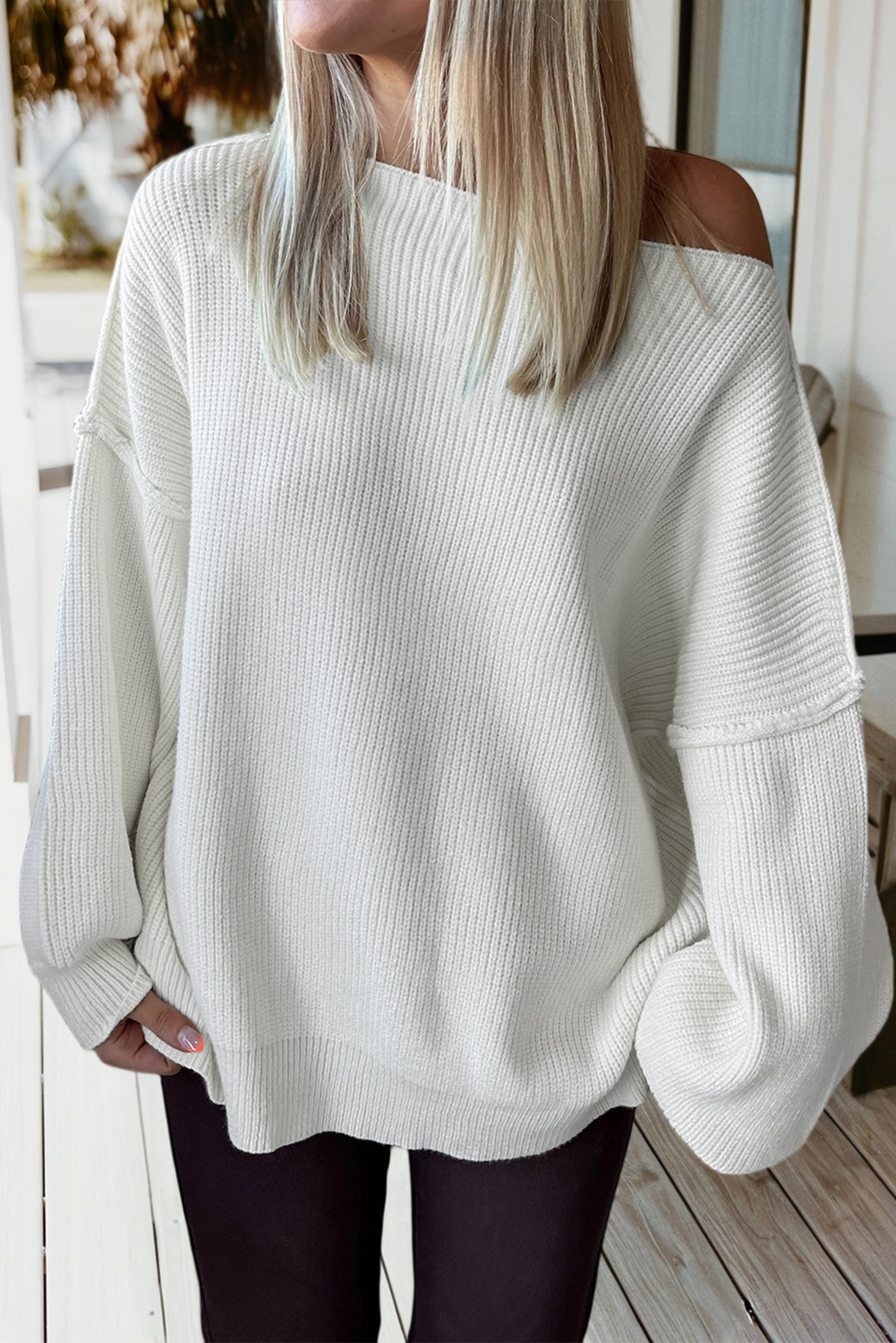 Asymmetric Neck Drop Shoulder Baggy Slouchy Sweater (S-Xl)