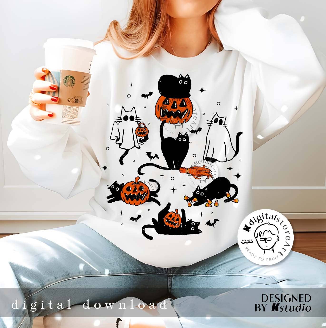 Cute Halloween Ghost & Cat Sweatshirt - Autumn Design