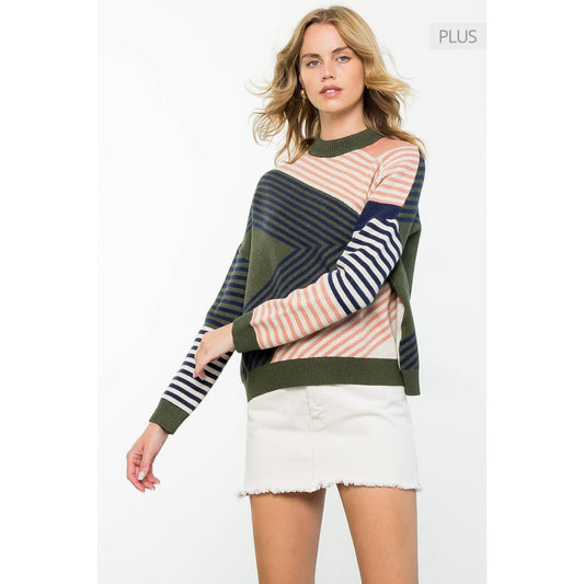 /Size Xl/ Olive Long Sleeve Sweater with Asymmetrical Stripe