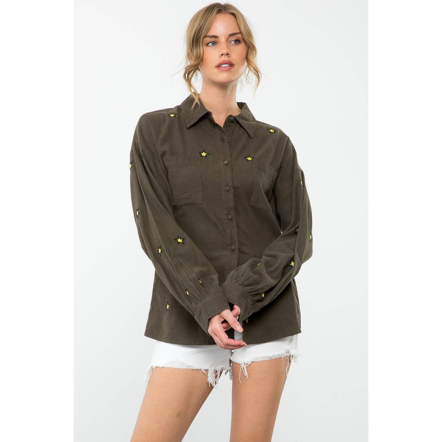 Olive Long Sleeve Button Up Shirt with Star Embroidery