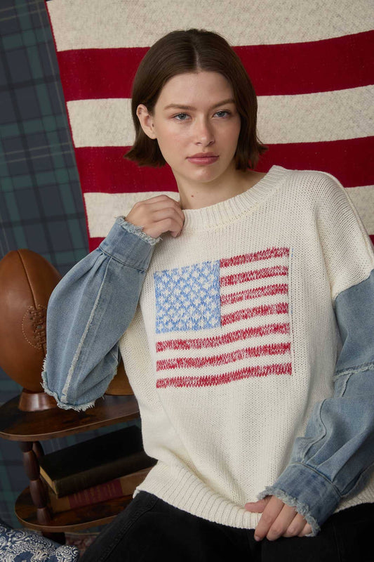 American Flag Distressed Denim Sleeve Knit Sweater