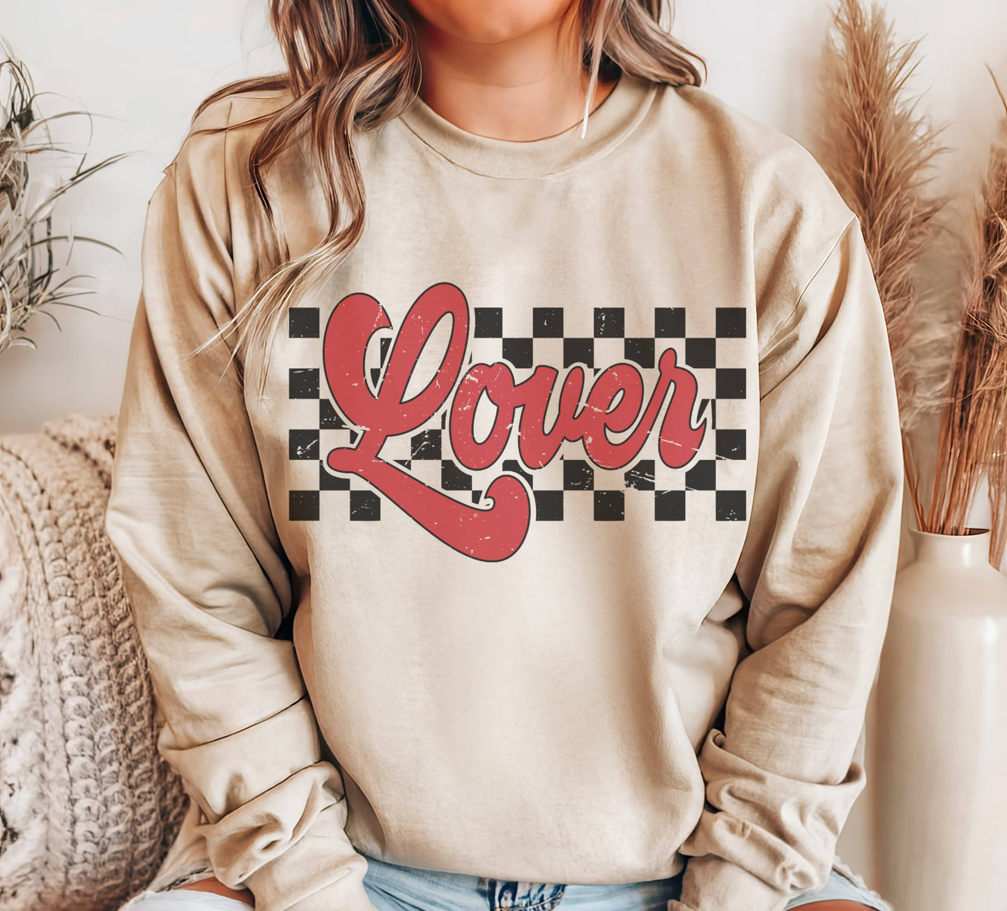 Retro Checkered Lover Crew Neck Sweatshirt Valentines
