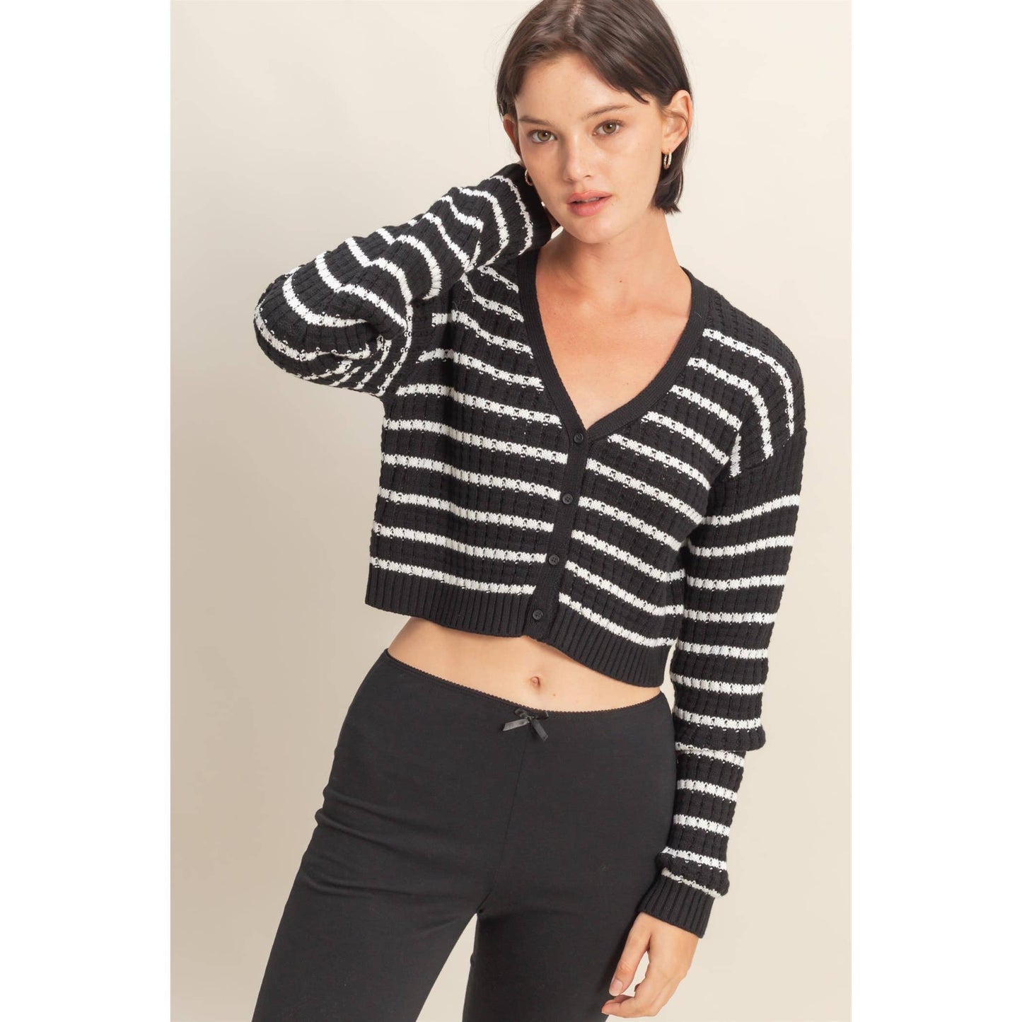 Striped Long Sleeve Buttoned Sweater Cardigan