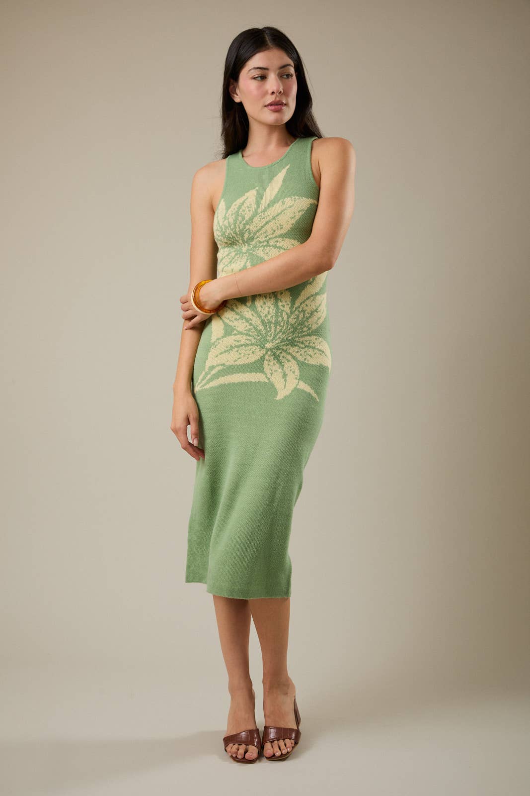 Round Neck Sleeveless Tropical Flower Sweater Dress