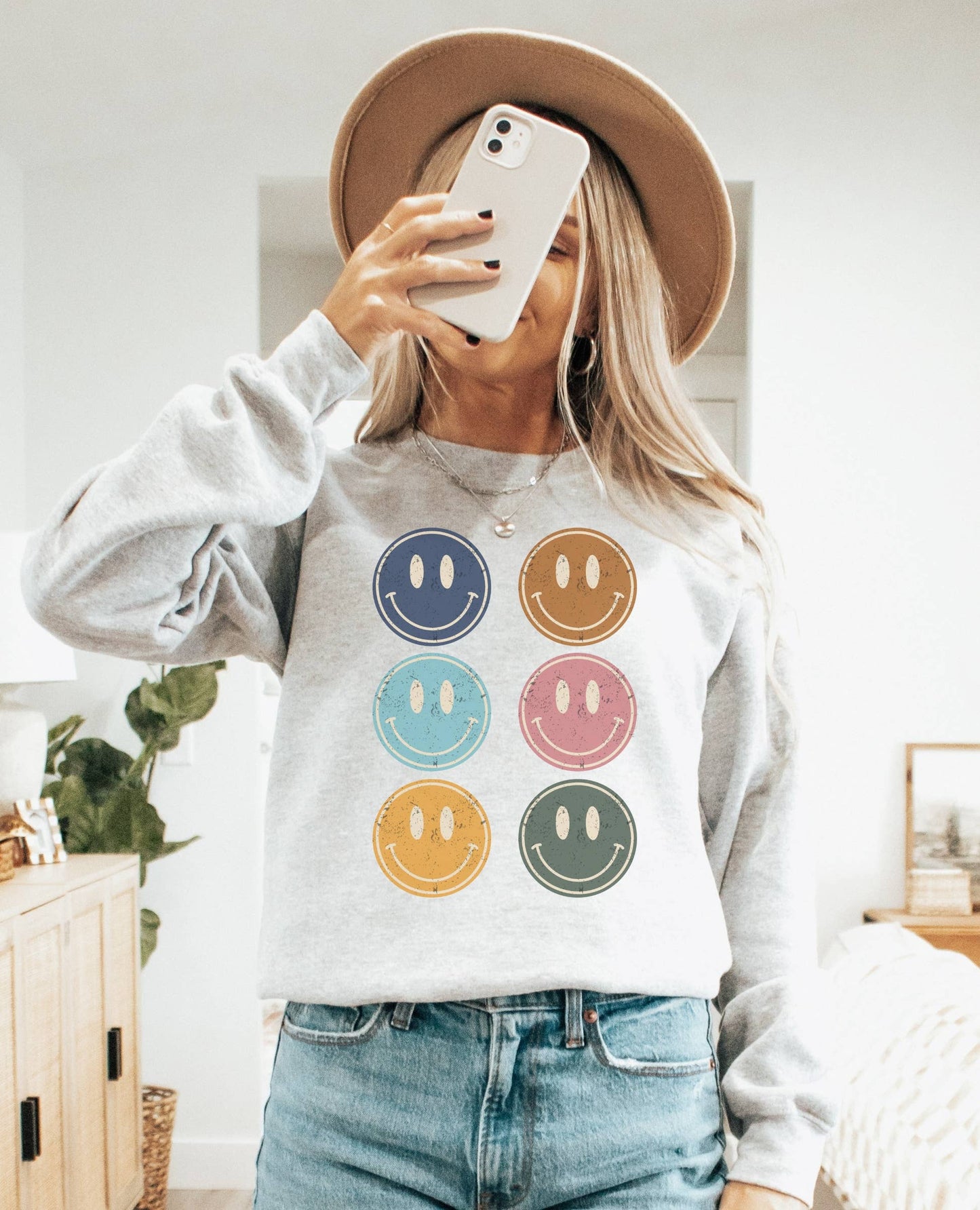 Boho Happy Face Grid Crew Neck Sweatshirt