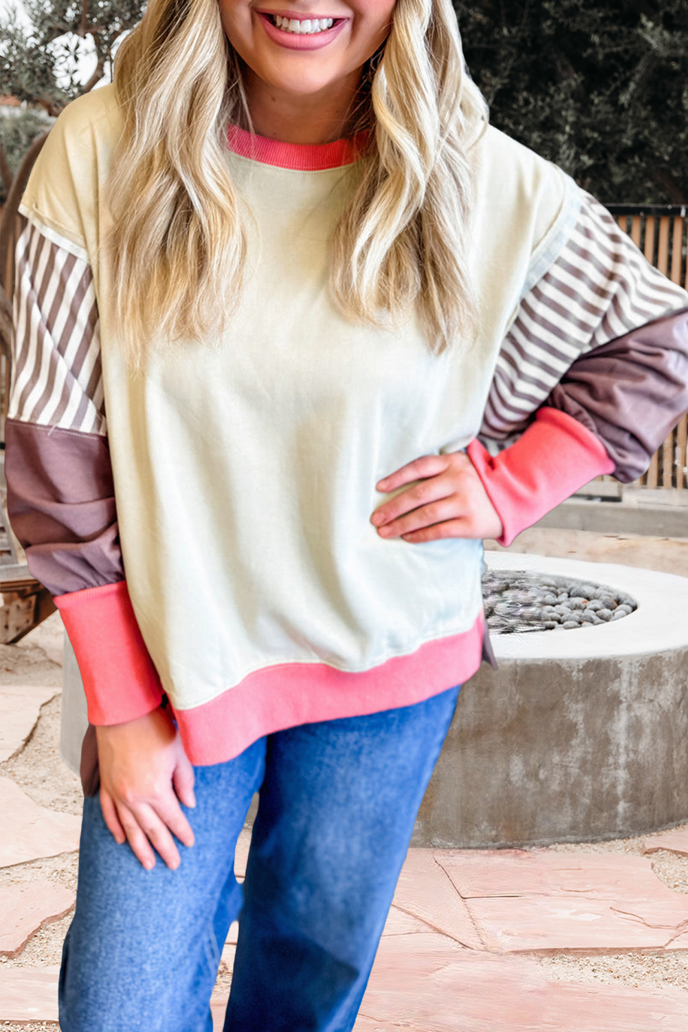 Color Block Striped Patchwork Dolman Slit Sweatshirt (S-Xl)