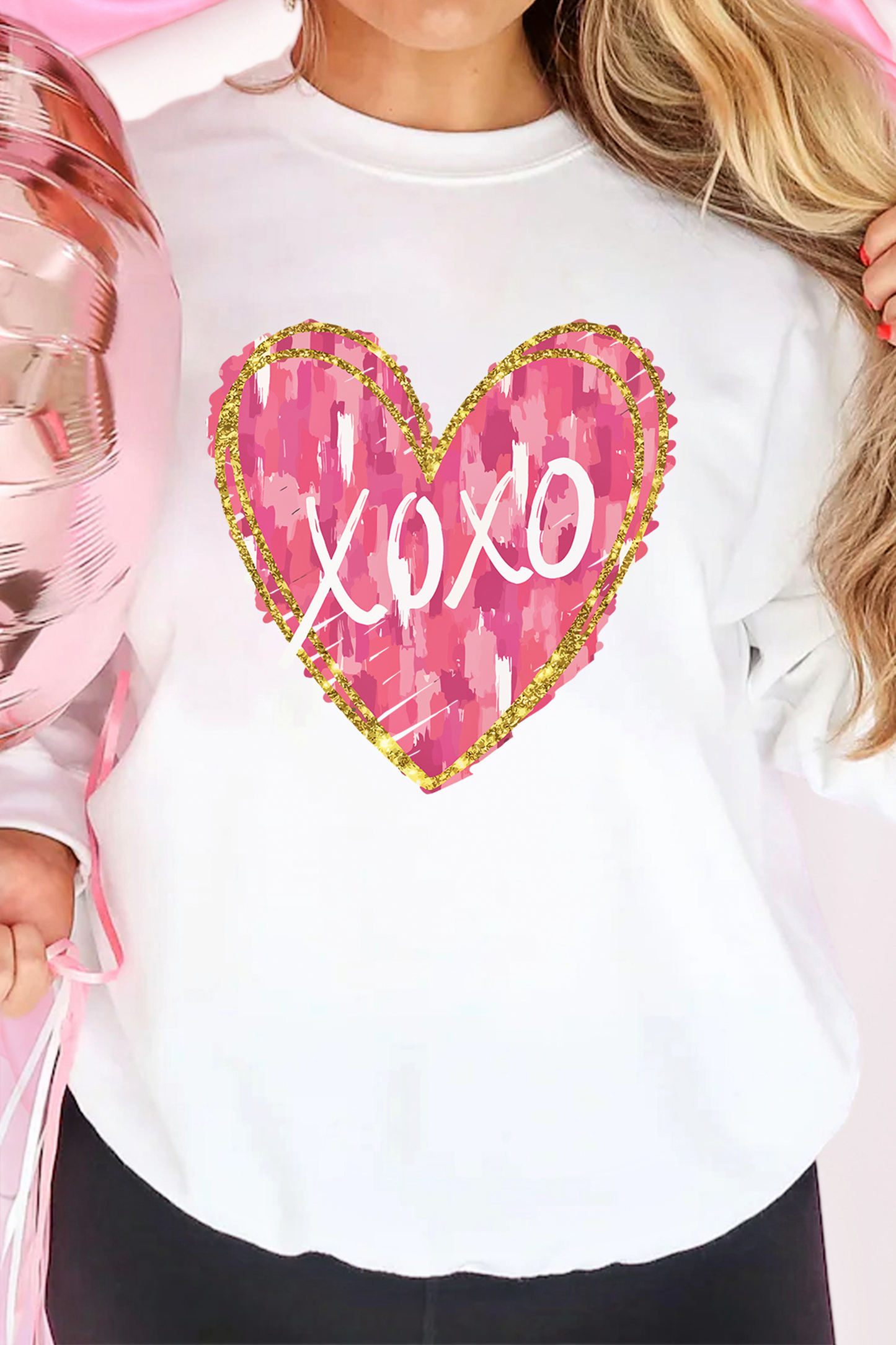 Xoxo Glitter Trim Brushstroke Heart Print Sweatshirt (S-2XL)