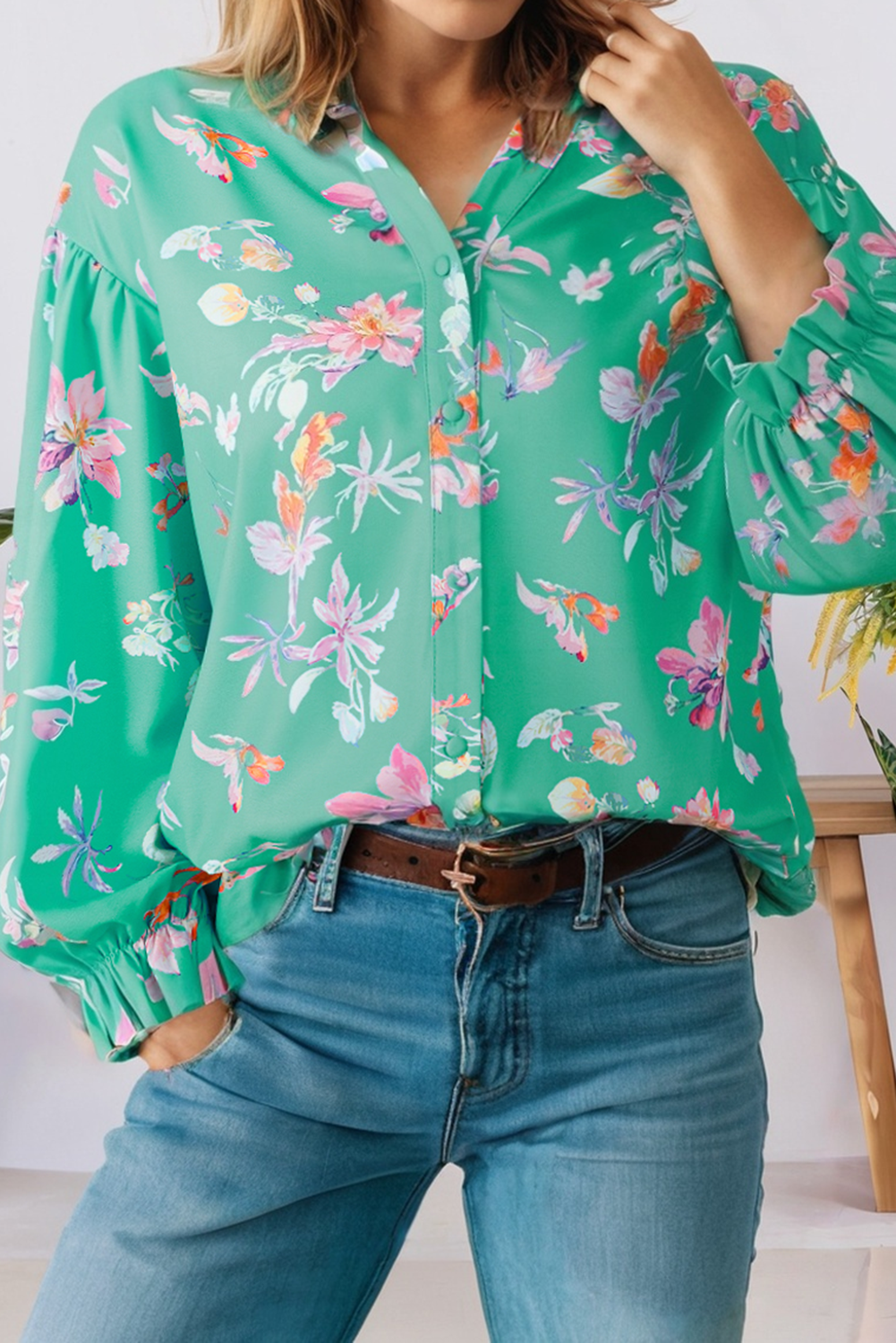 Floral Lantern Sleeve Button Front Shirt (S-Xl)