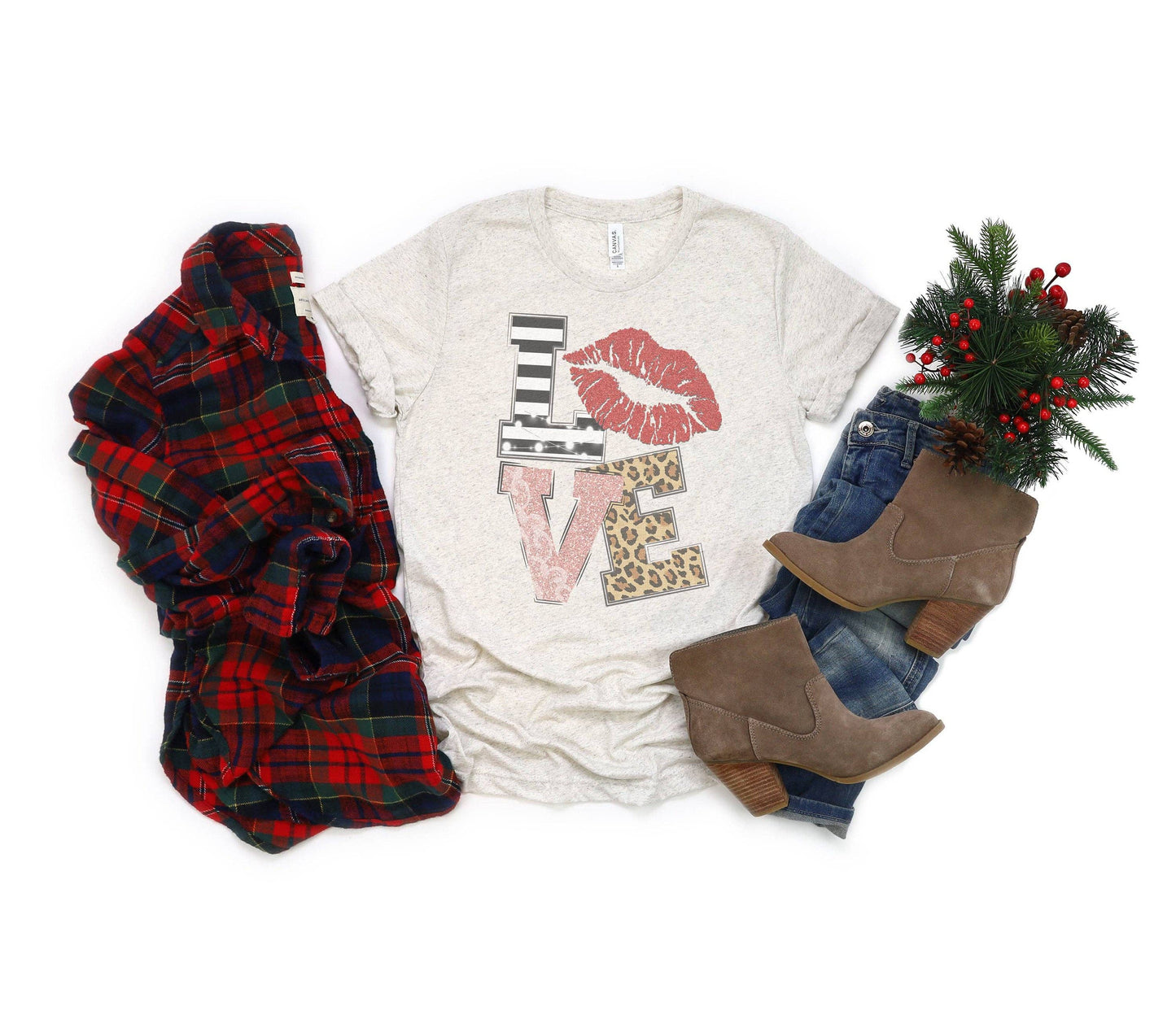 Love Lips Stripe Leopard Valentine Tee