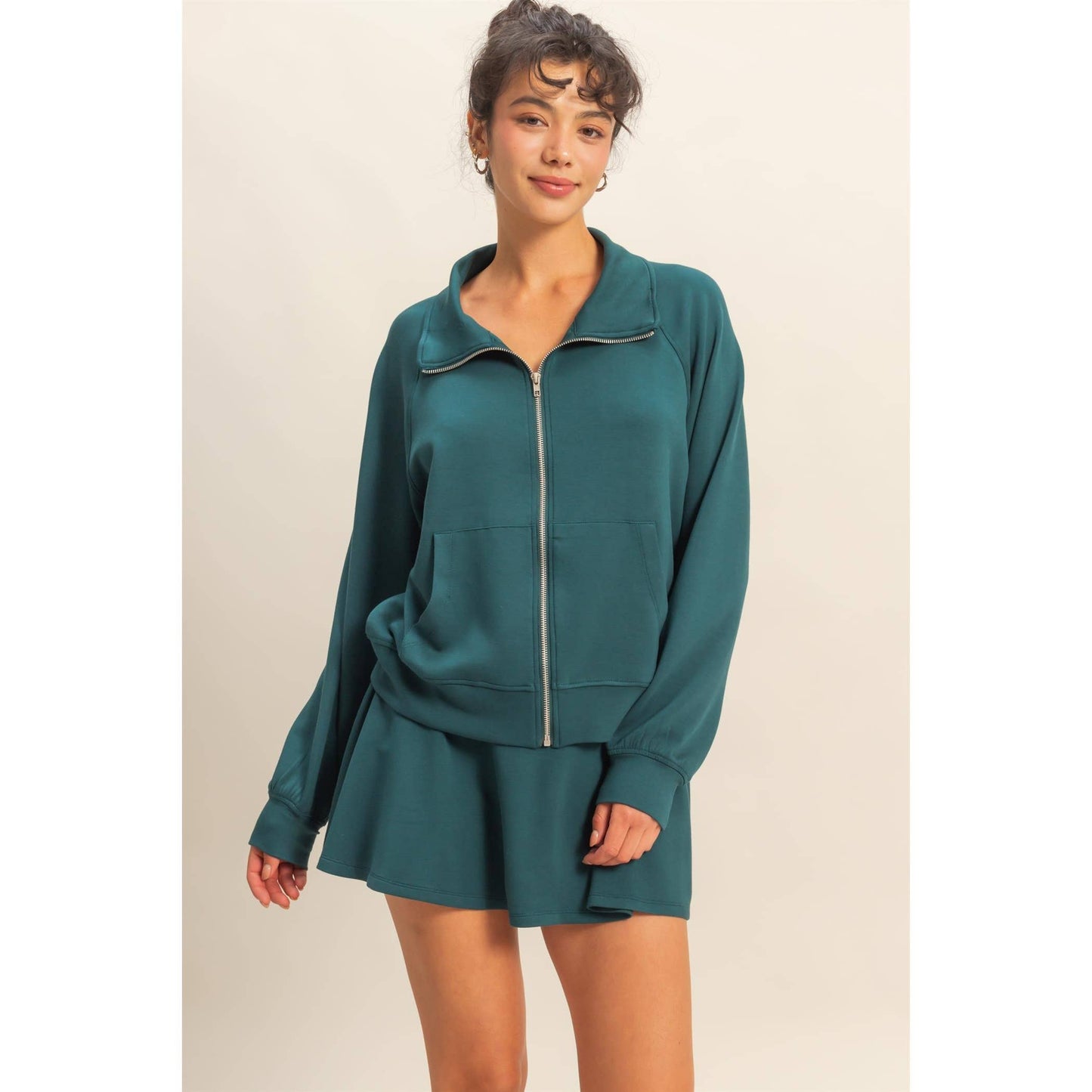 Double Knit High Neck Long Sleeve Zippered Jacket