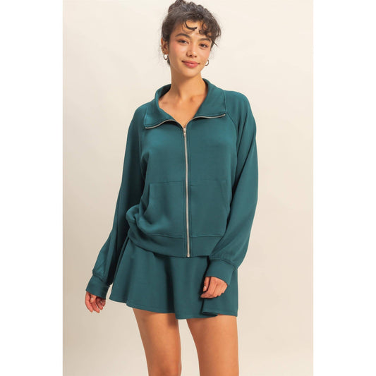 Double Knit High Neck Long Sleeve Zippered Jacket