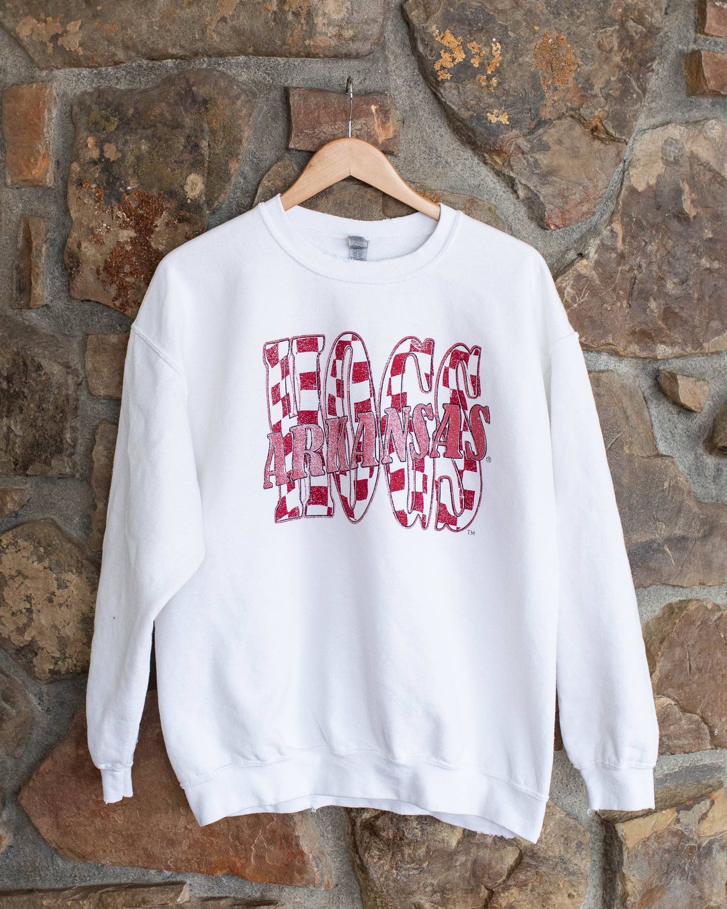 Arkansas Hogs Twisted Check White Thrifted Sweatshirt