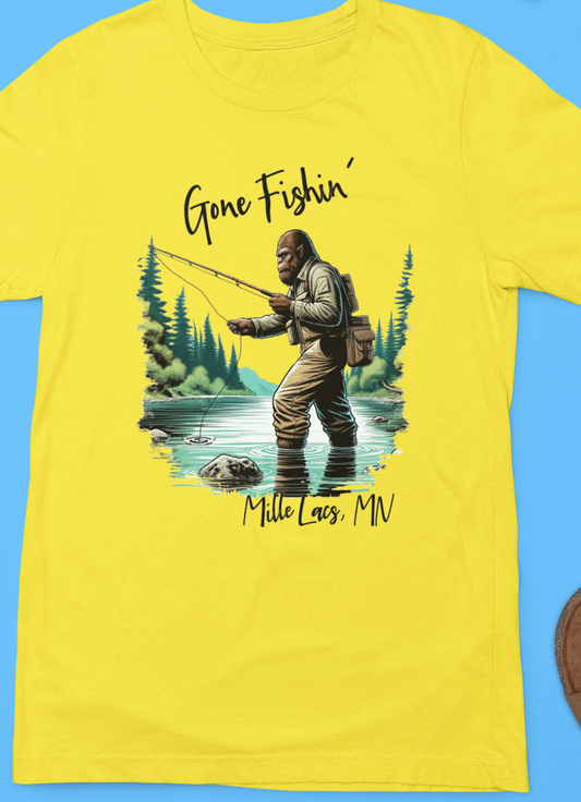 Gone Fishin' Bigfoot Fly Fishing T-Shirt (Yellow)
