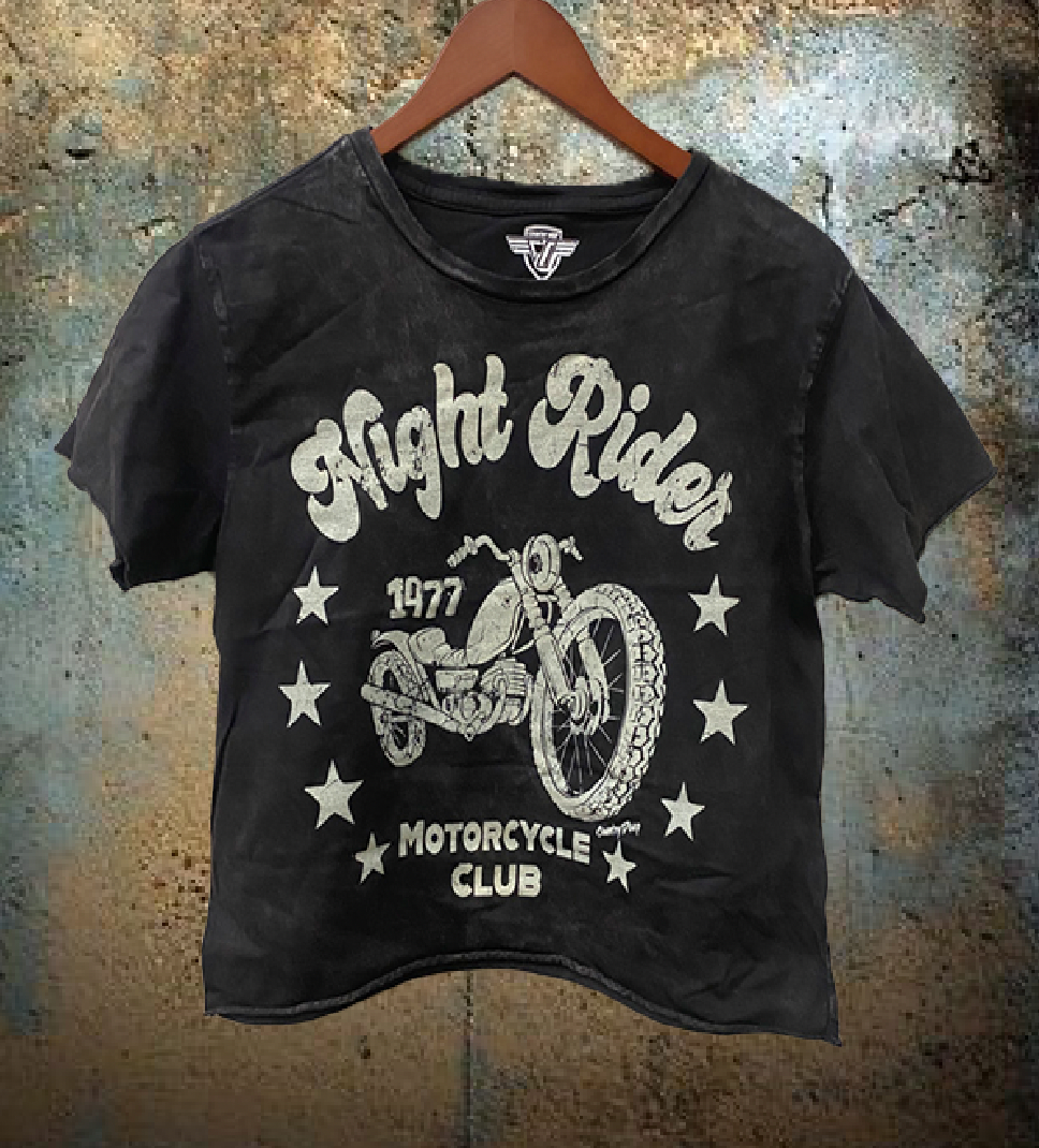 Night Rider 1977 Motorcycle Club Regular Cropped Acid Wash T-Shirt
