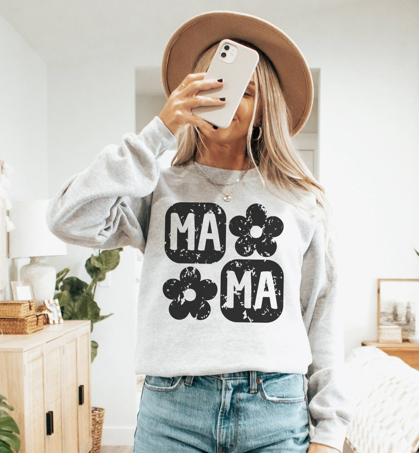 Retro Floral Mama Checker Crew Neck Sweatshirt