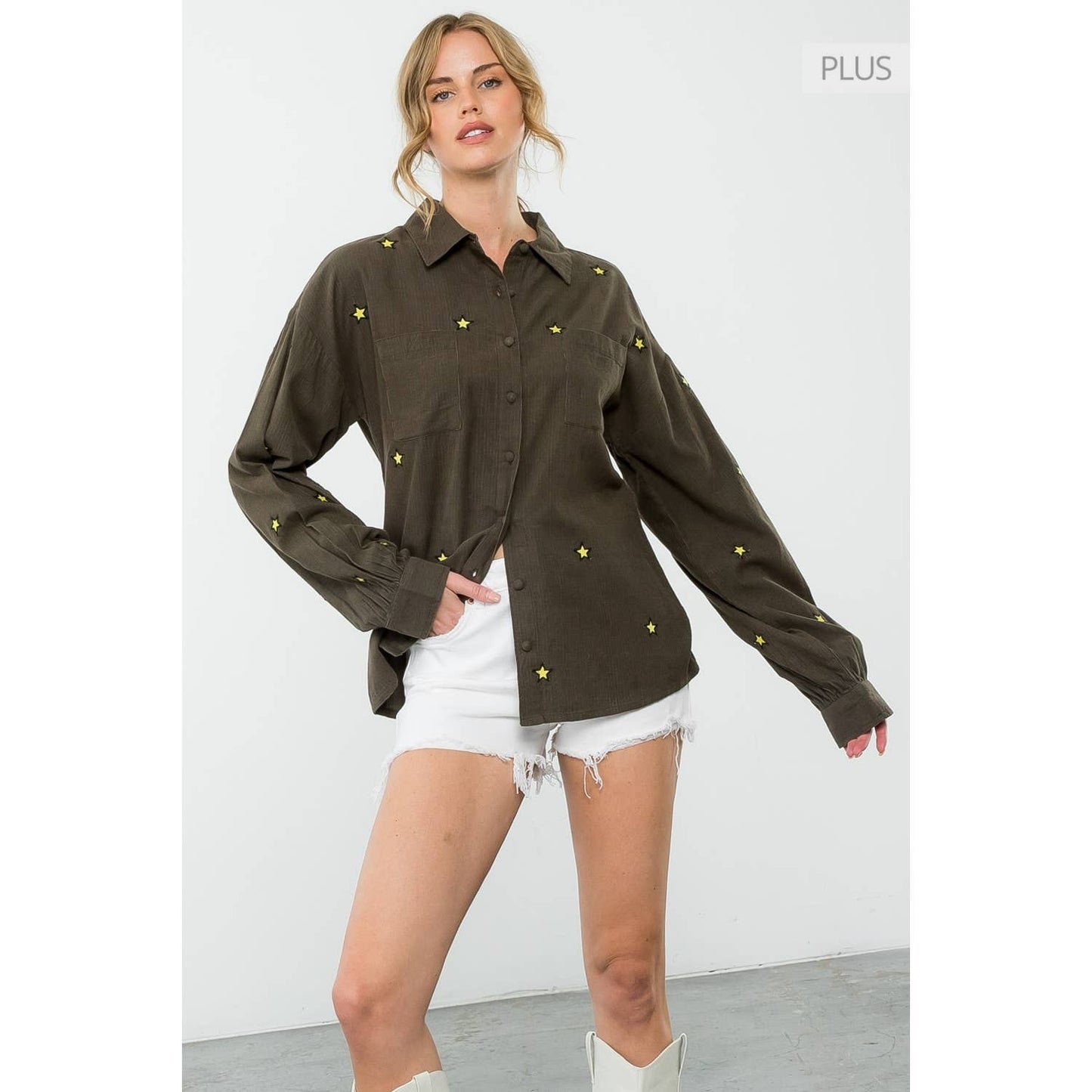 /Size Xl/ Olive Long Sleeve Button Up Shirt with Star Embroi