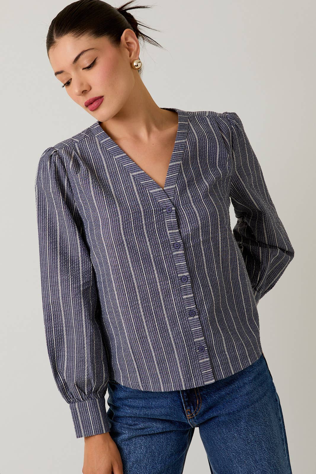 V-Neck Button Down Long Sleeve Stripe Shirt