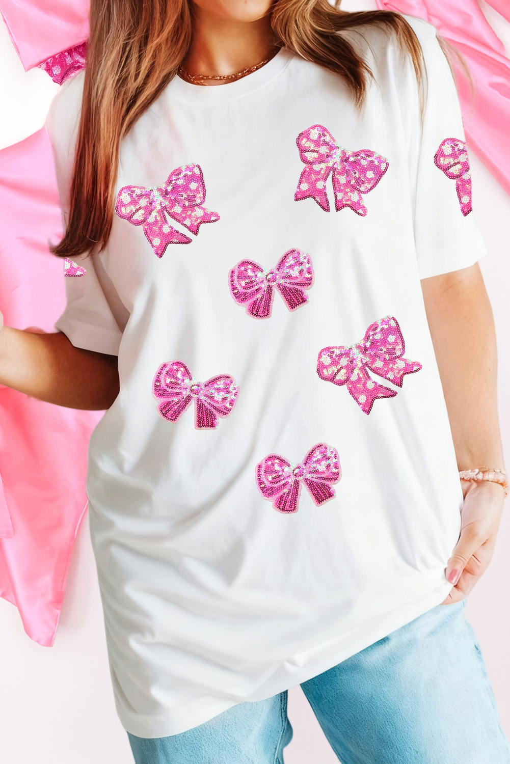 Shimmering Bow Patched Pattern Valentine T Shirt (S-3XL)
