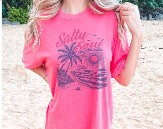Salty Soul Beach Palm Tree -  Retro Beach Comfort Colors Tee