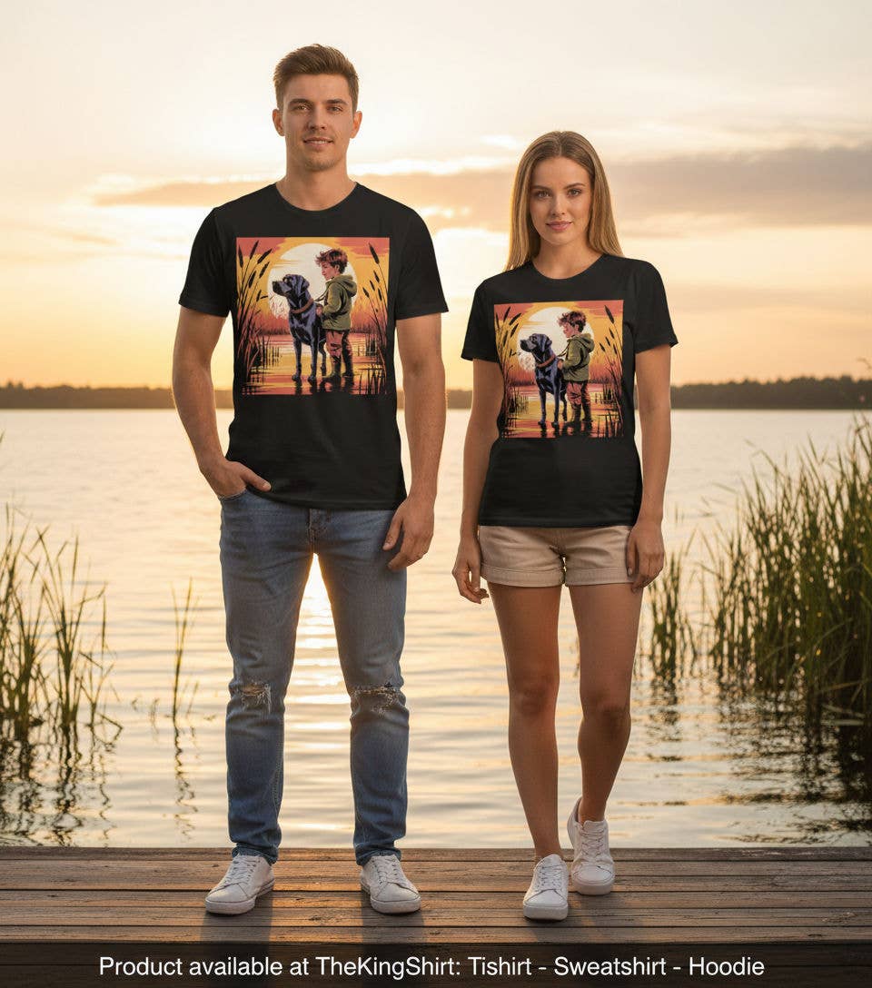 Boy and Black Lab Sunset Duck Hunting Tee Shirts