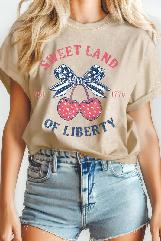 Sweet Land of Liberty America Flag Bow Cherry  Mineral Tee