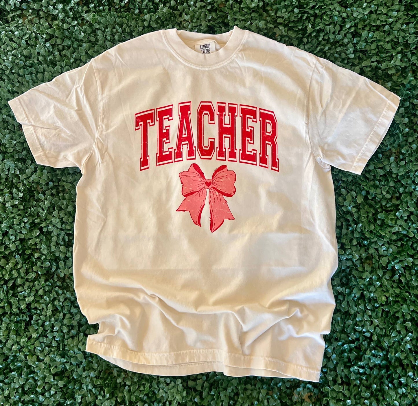 Teacher Varsity Letter Valentine Tee On Comfort Colors Ivory