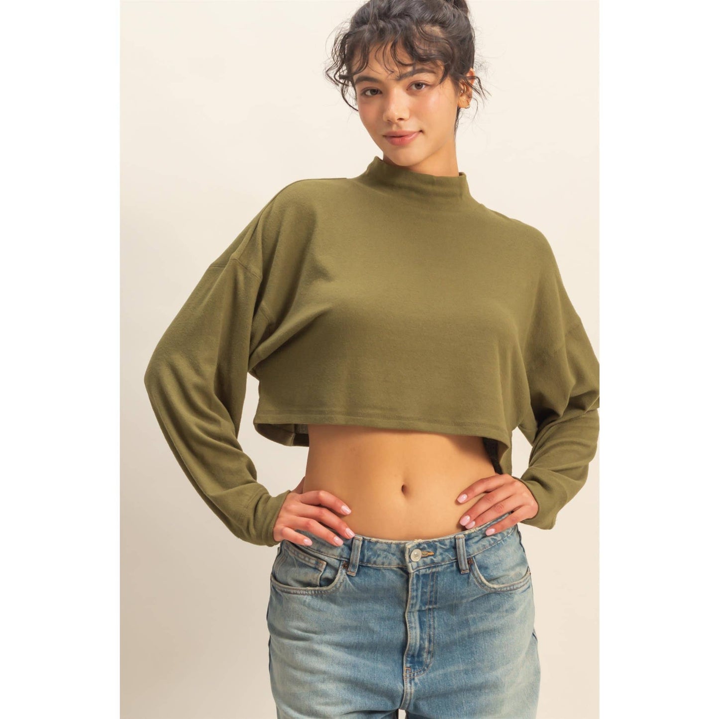 Cropped Mock Neck Knit Sweater