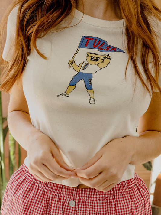 Tu Golden Hurricane Mascot Flag Off White Micro Cropped Tee