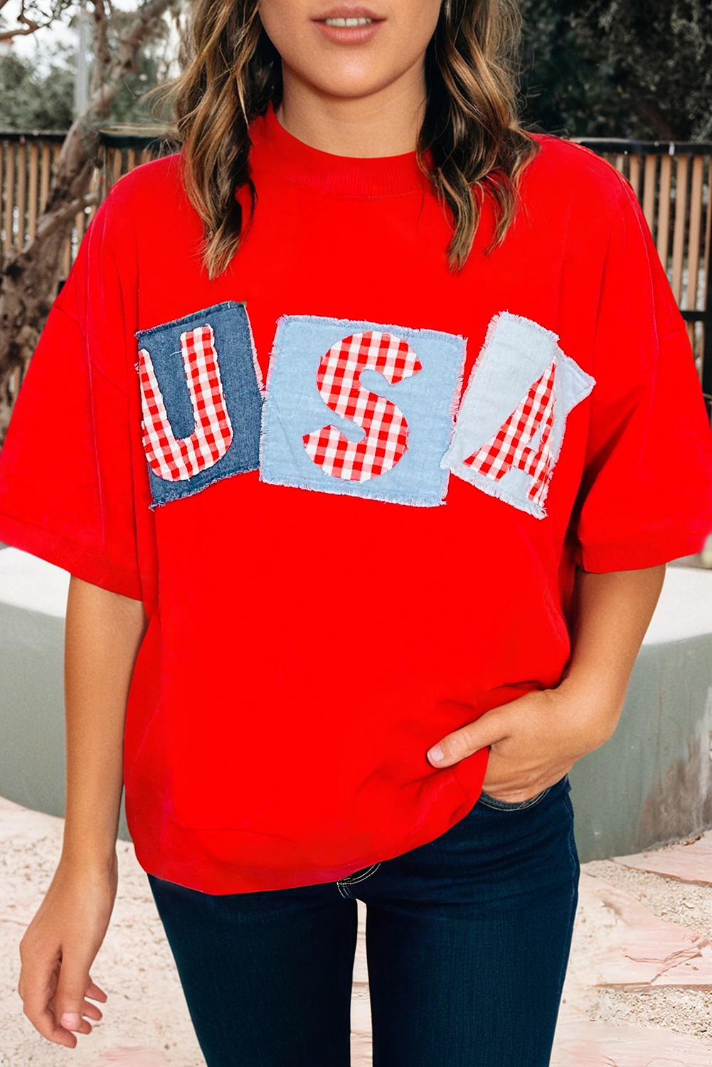 USA Patchwork Gingham Graphic Tee (S-Xl)