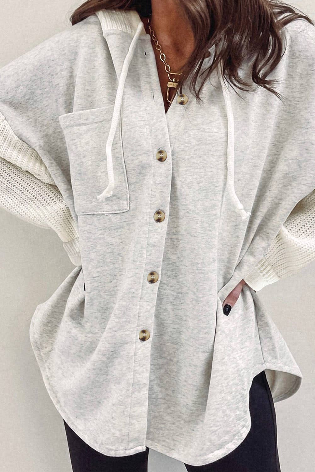 Button Up Contrast Knitted Sleeves Hooded Jacket (S-3XL)