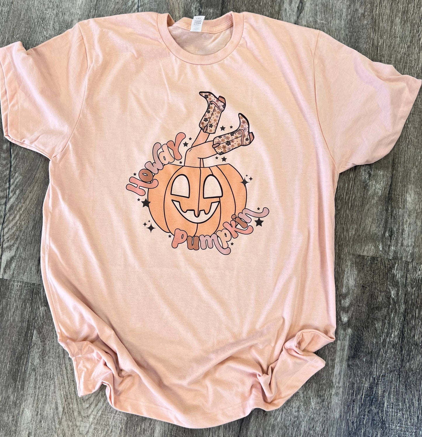 Howdy Pumpkin Cowgirl Boots On Peach Tee