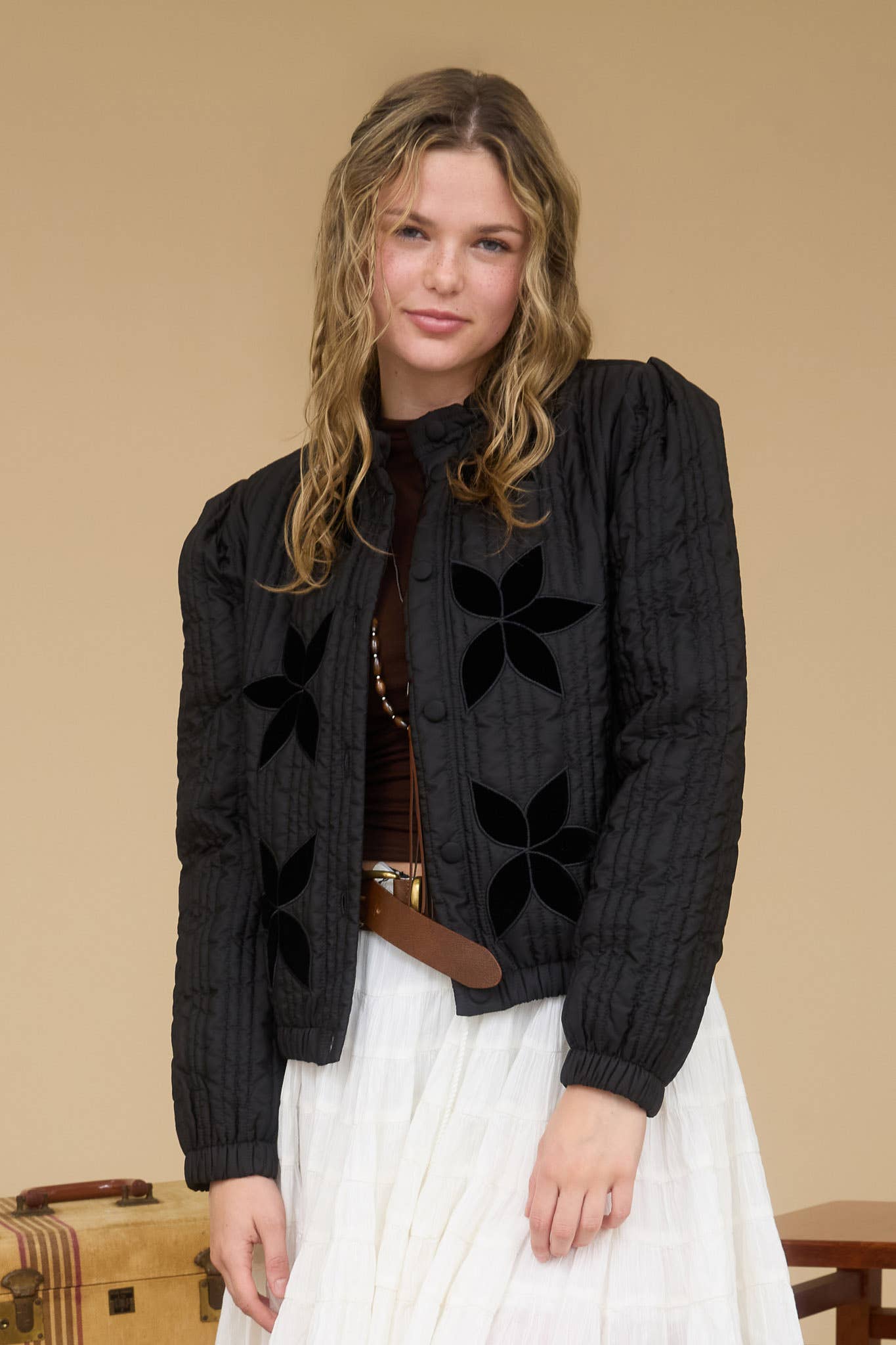Velvet Flower Quilted Puffer Jacket