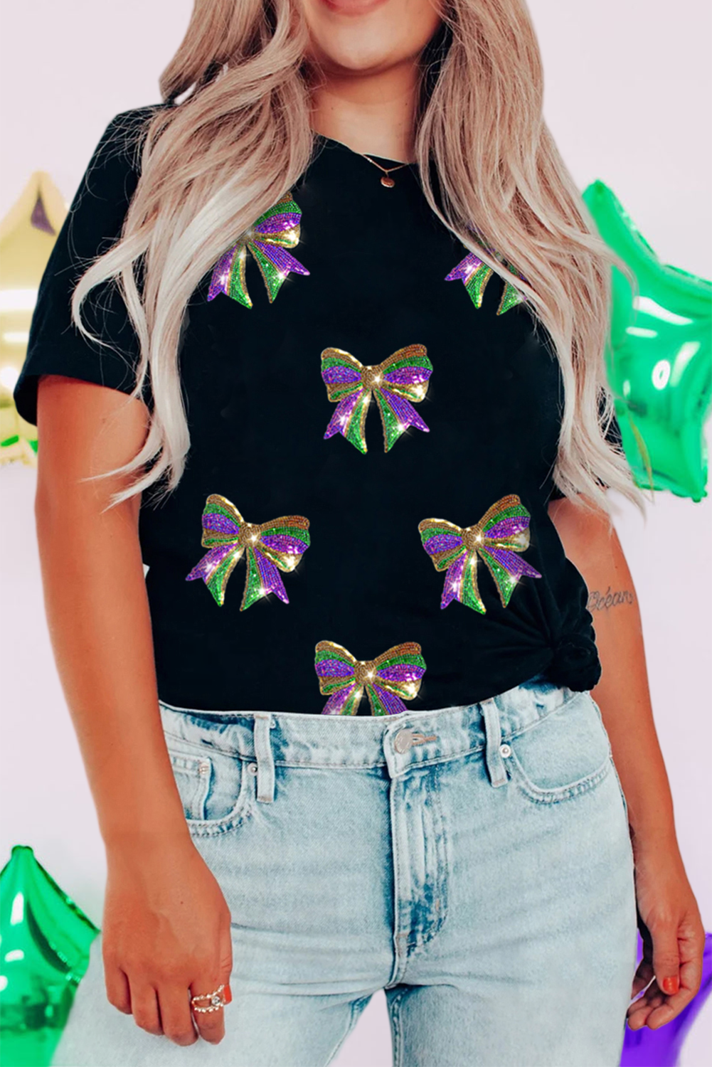 Sequin Mardi Gras Bow Graphic Crewneck Tee (S-3XL)