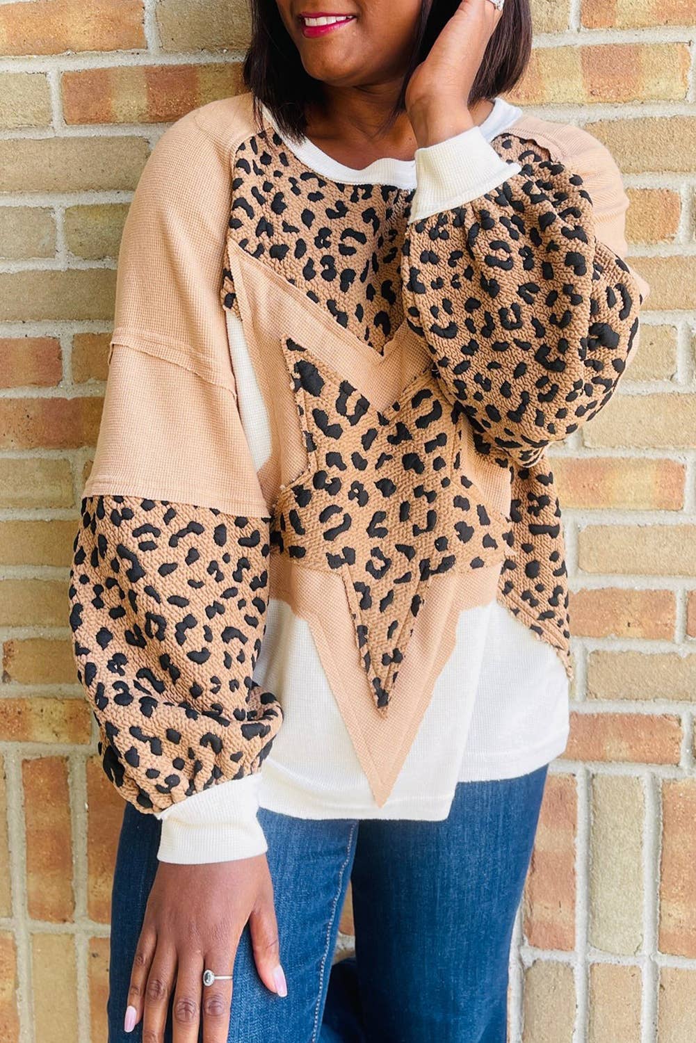 Spring 2026  Beige Star Leopard Patchwork Sweatshirt