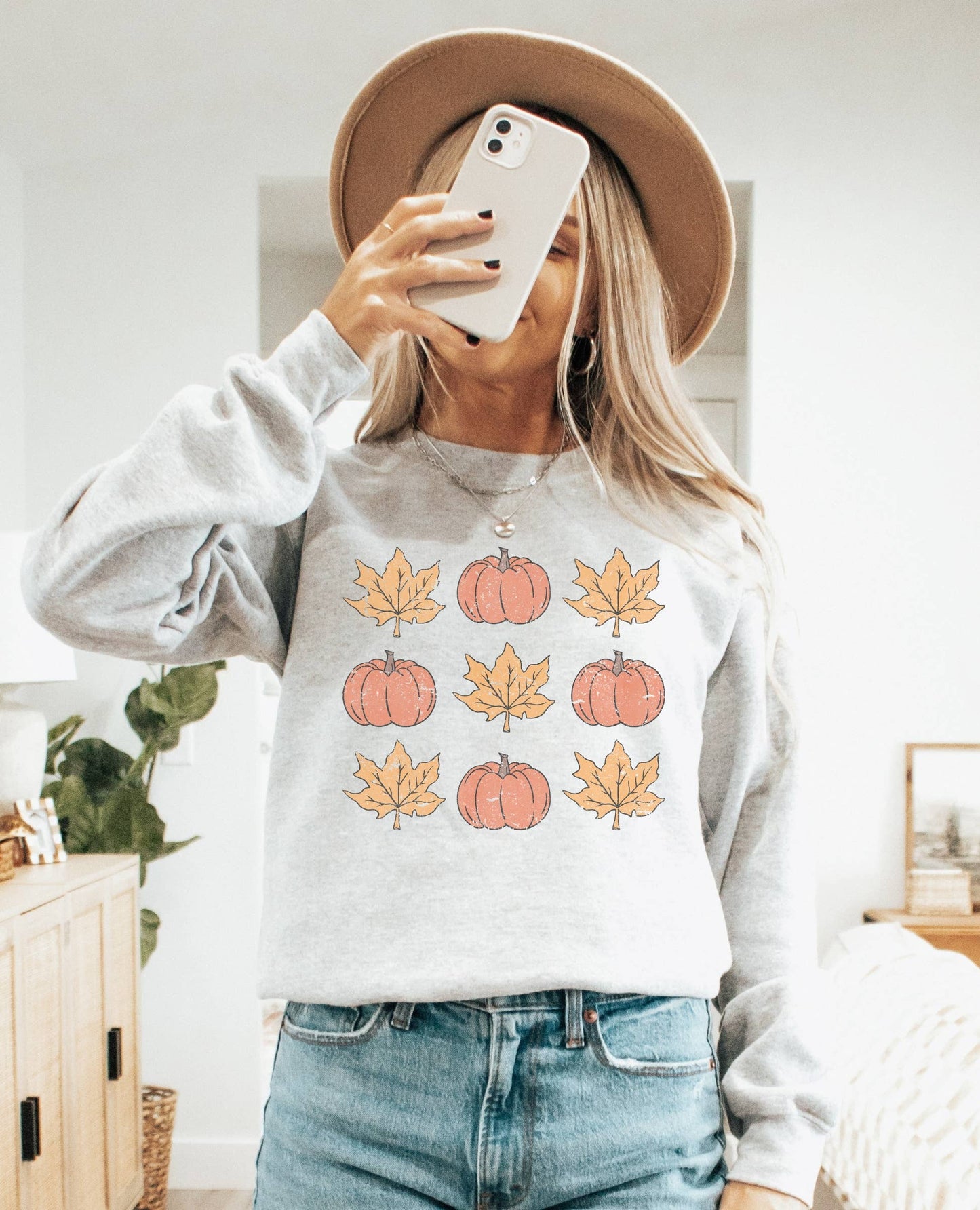 Pumpkins and Leaves Chart Crew Neck Sweatshirt